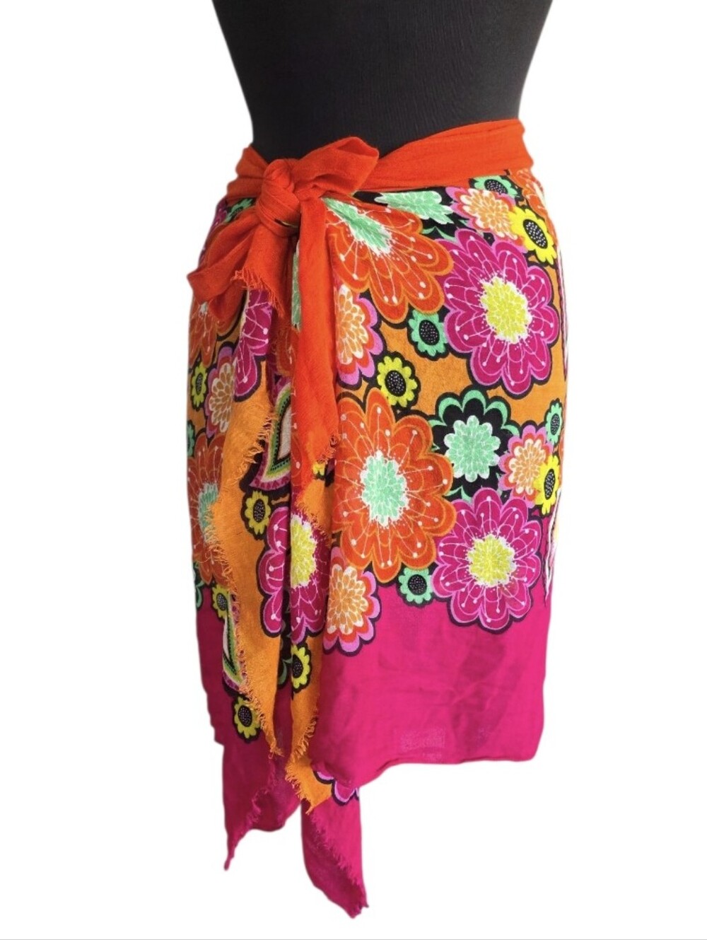 Vintage Y2K Bright Resortwear Scarf Floral Sarong Wrap - Pink & Orange